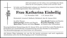 Traueranzeige Katharina Einhellig