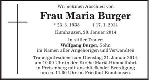 Traueranzeige Maria Burger