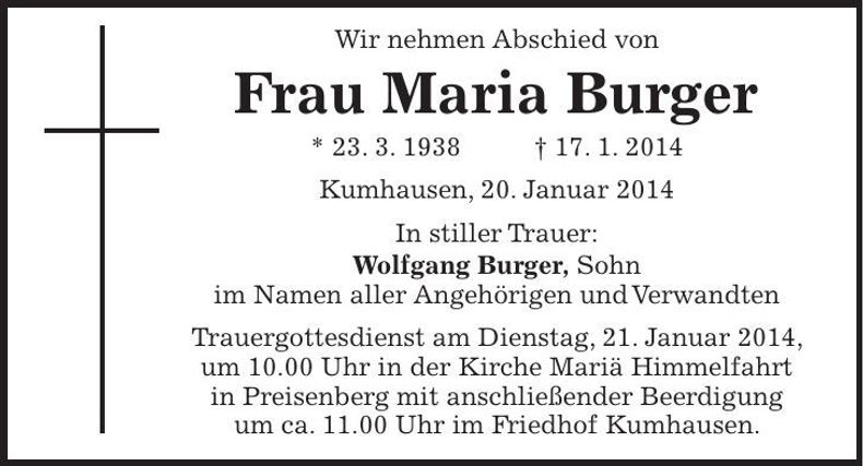 Traueranzeige Maria Burger