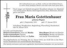 Traueranzeige Maria Gstettenbauer