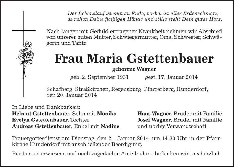 Traueranzeige Maria Gstettenbauer