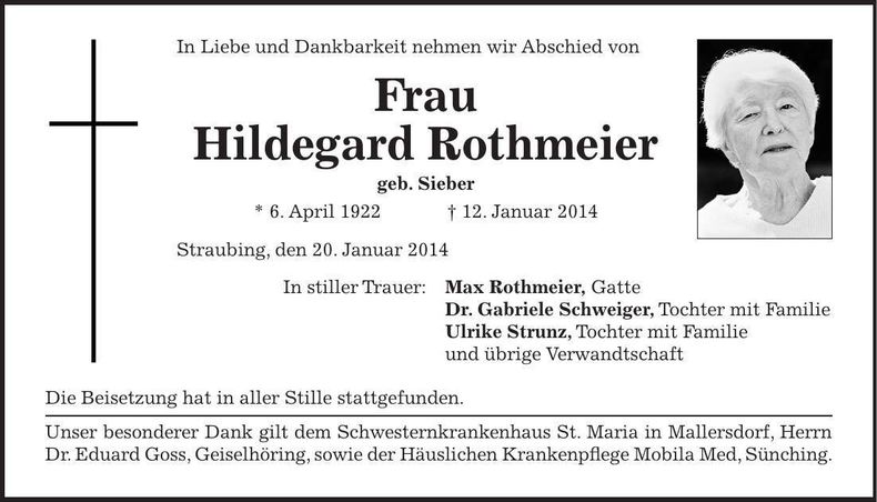 Traueranzeige Hildegard Rothmeier