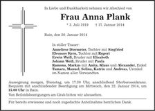 Traueranzeige Anna Plank
