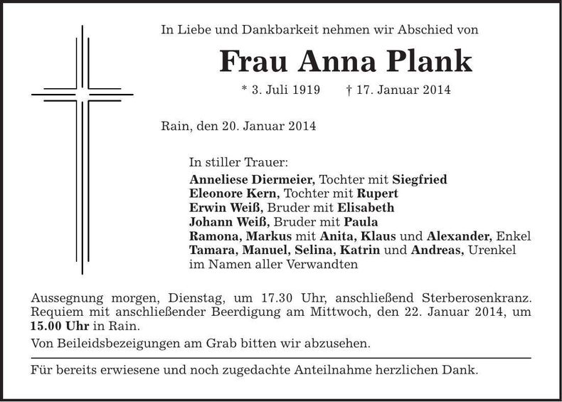 Traueranzeige Anna Plank