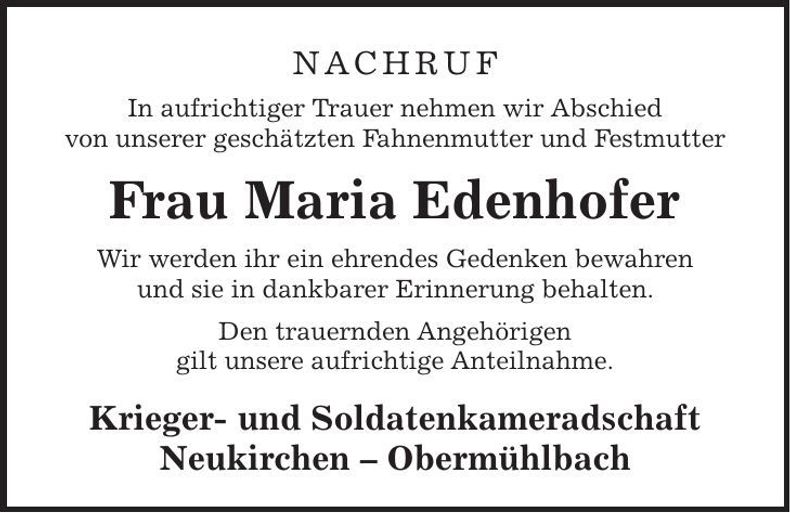 Traueranzeige Maria Edenhofer