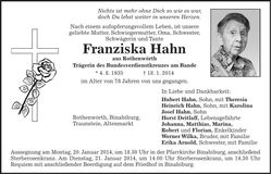 Traueranzeige Franziska Hahn