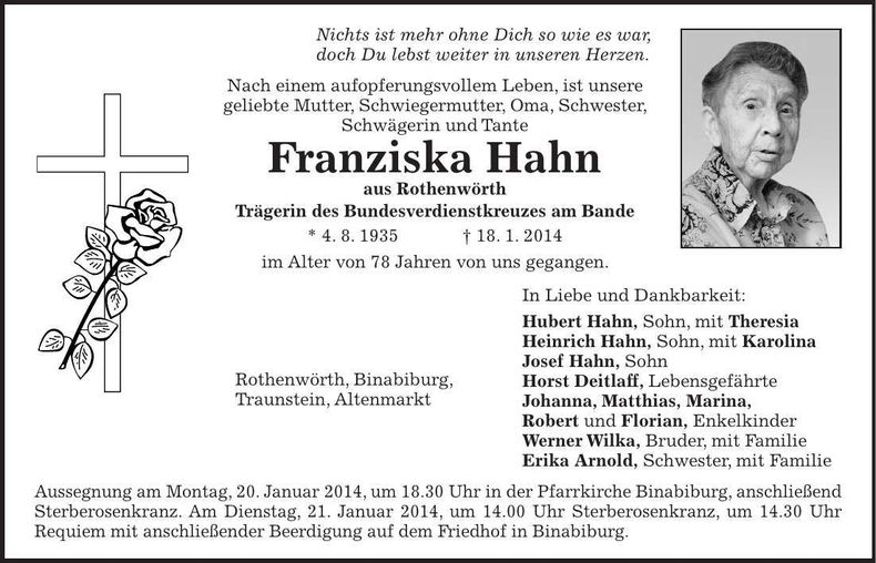 Traueranzeige Franziska Hahn