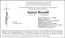 Traueranzeige Anton Brandl