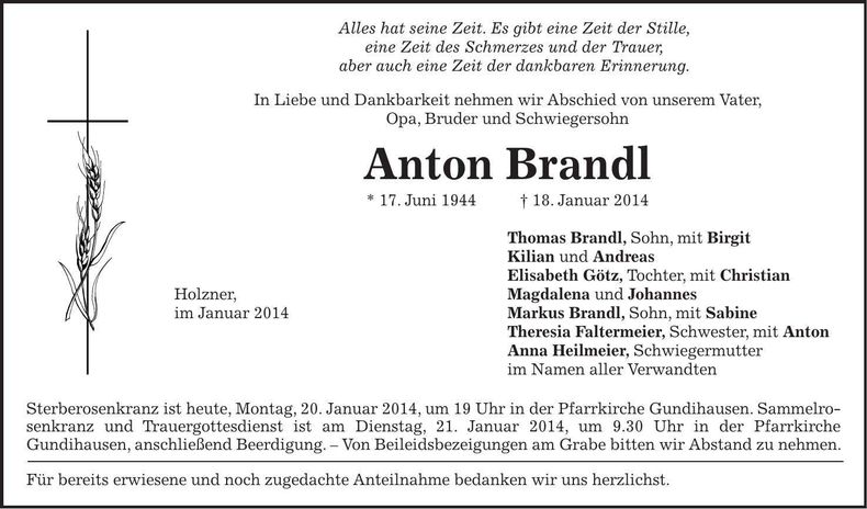Traueranzeige Anton Brandl