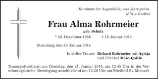 Traueranzeige Alma Rohrmeier
