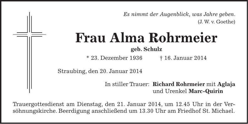 Traueranzeige Alma Rohrmeier
