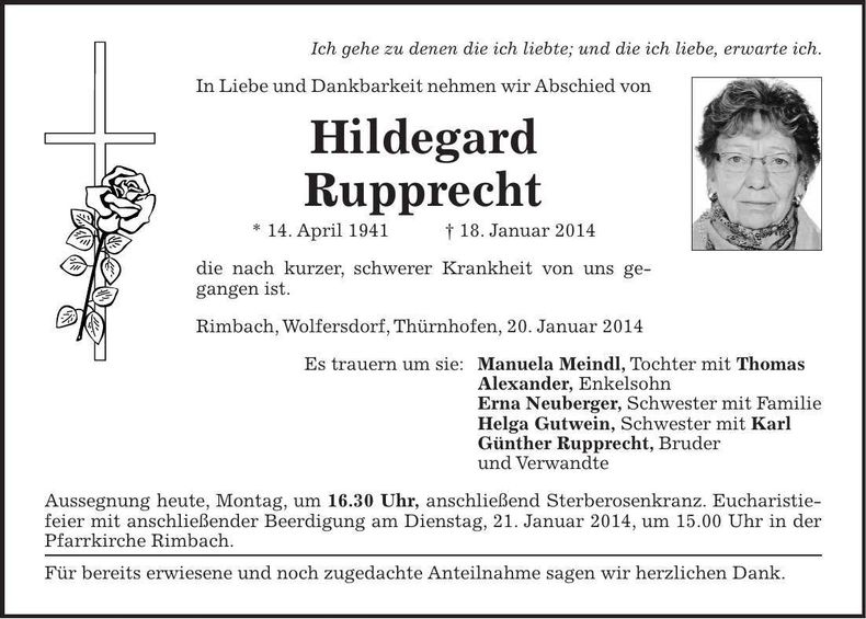 Traueranzeige Hildegard Rupprecht