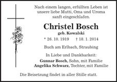 Traueranzeige Christel Bosch