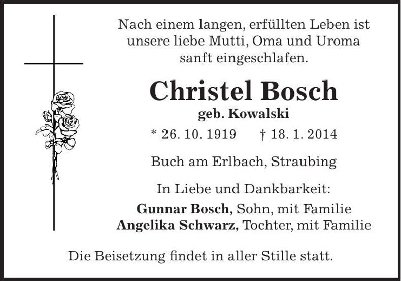 Traueranzeige Christel Bosch