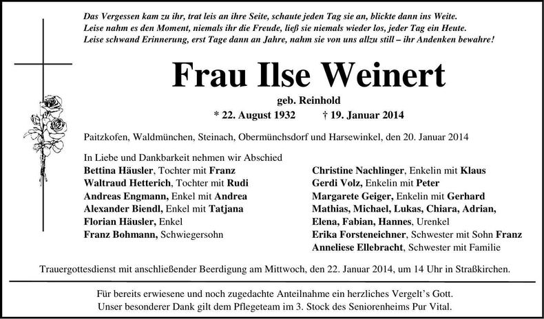 Traueranzeige Ilse Weinert