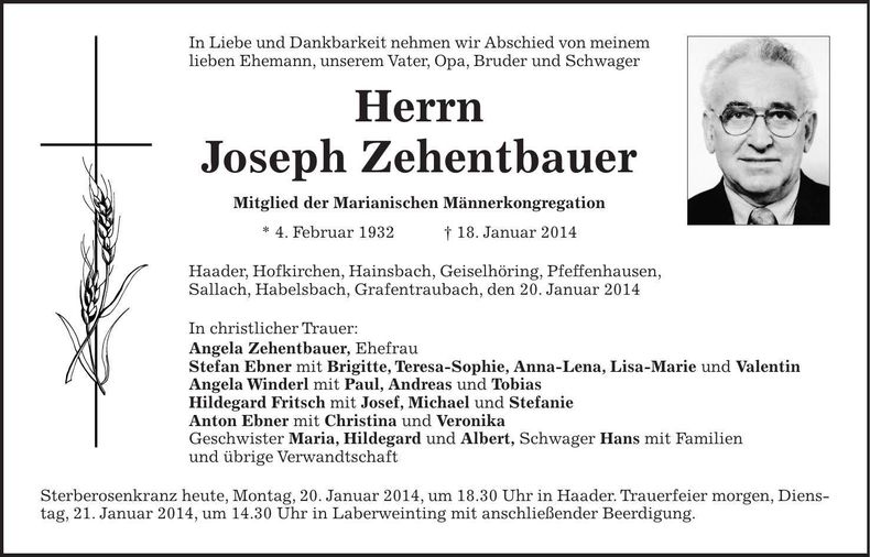 Traueranzeige Joseph Zehentbauer