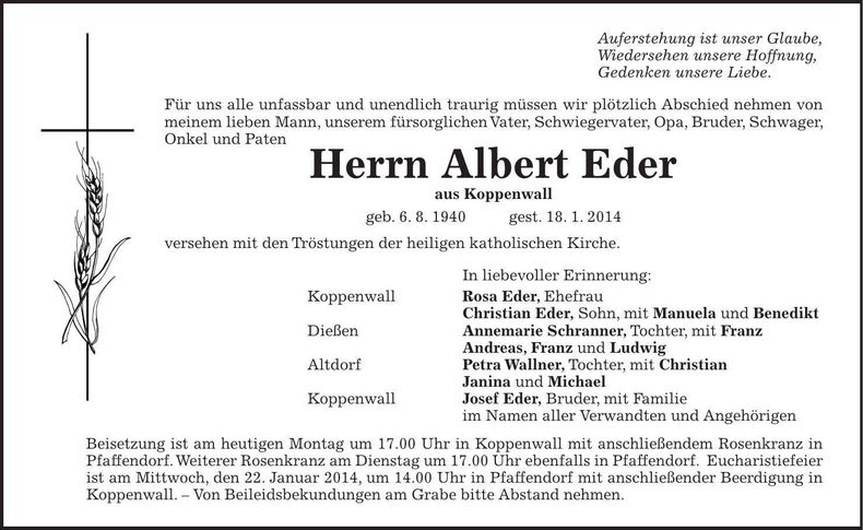 Traueranzeige Alber Eder