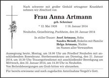 Traueranzeige Anna Artmann