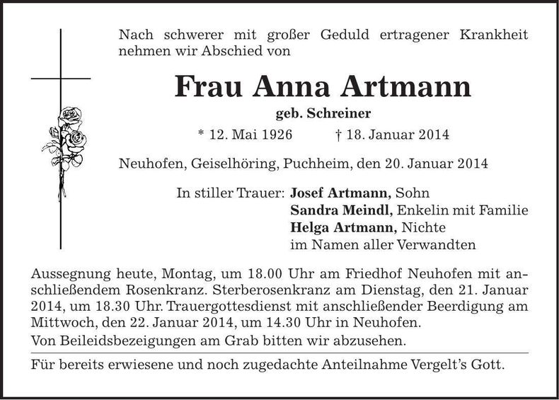 Traueranzeige Anna Artmann