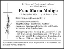 Traueranzeige Maria Malige