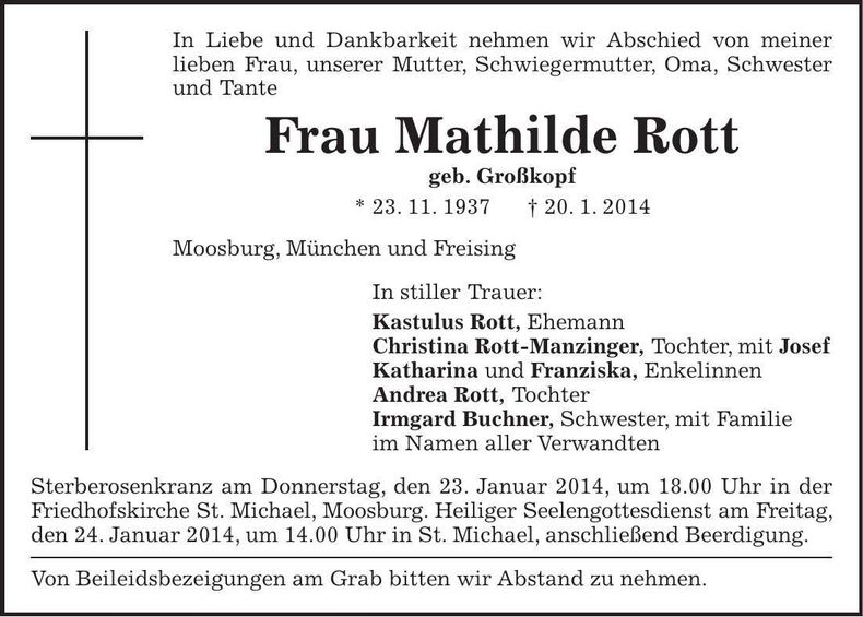 Traueranzeige Mathilde Rott