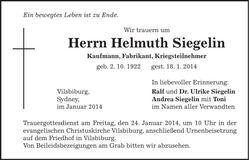 Traueranzeige Helmuth Siegelin