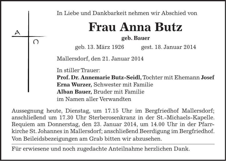 Traueranzeige Anna Butz