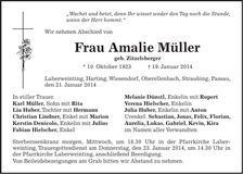 Traueranzeige Amalie Müller