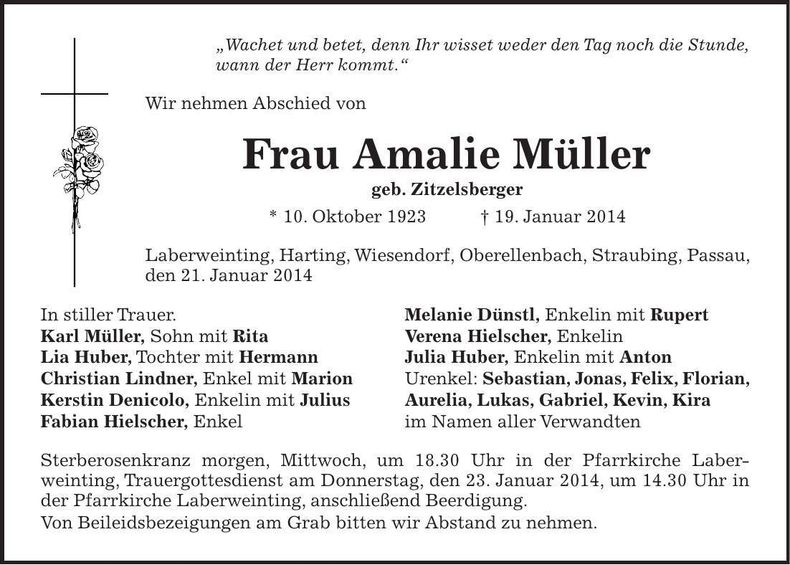 Traueranzeige Amalie Müller