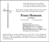 Traueranzeige Franz Hamann