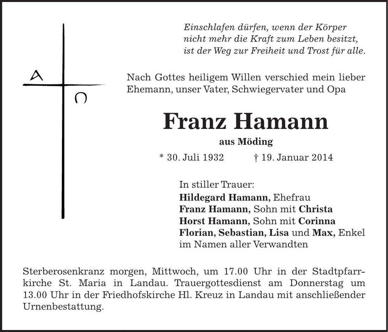 Traueranzeige Franz Hamann