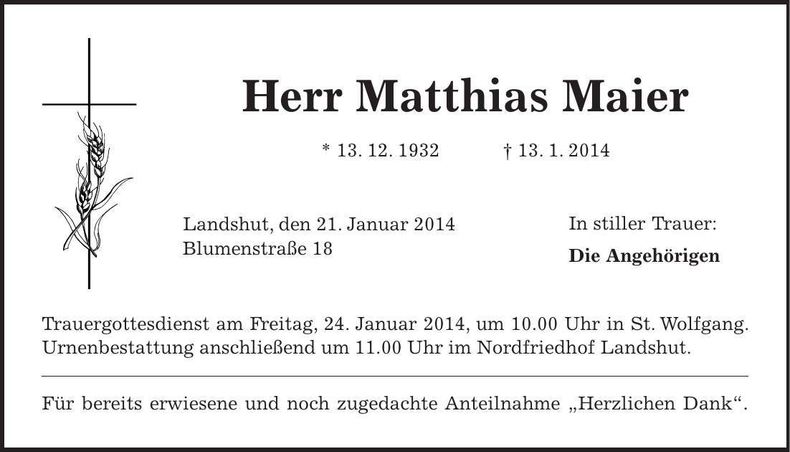 Traueranzeige Matthias Maier