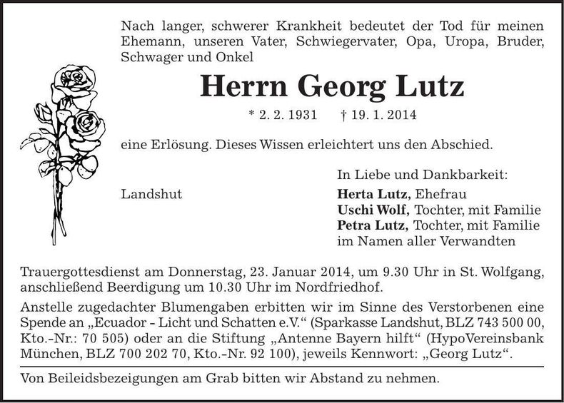 Traueranzeige Georg Lutz