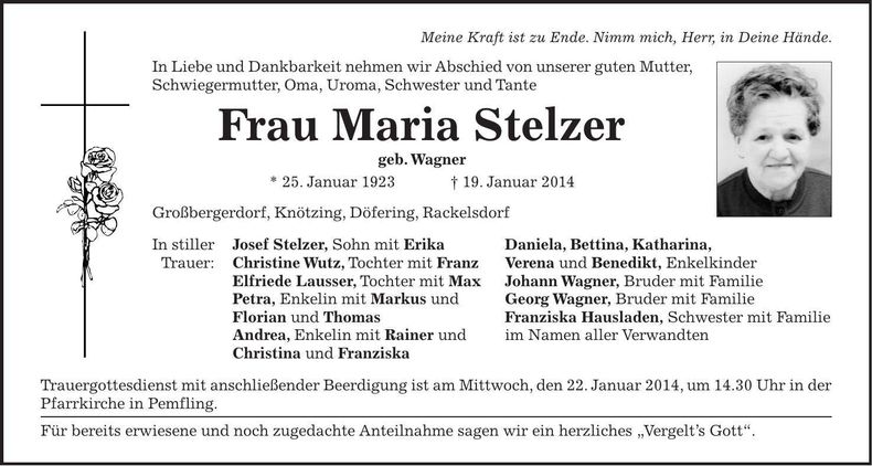 Traueranzeige Maria Stelzer