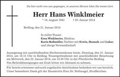 Traueranzeige Hans Winklmeier