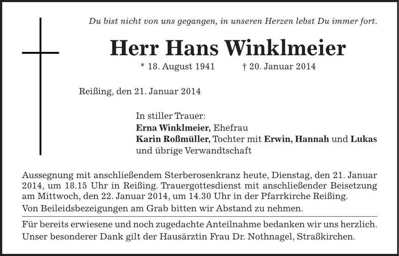 Traueranzeige Hans Winklmeier