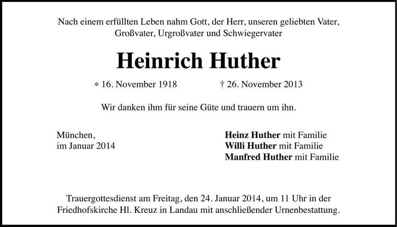 Traueranzeige Heinrich Huther