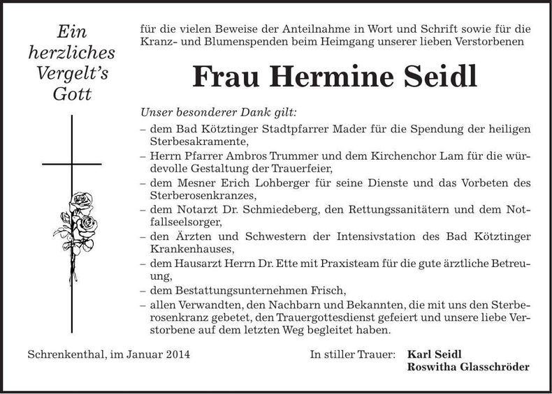 Traueranzeige Hermine Seidl