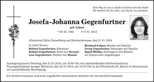 Traueranzeige Josefa - Johanna Gegenfurtner