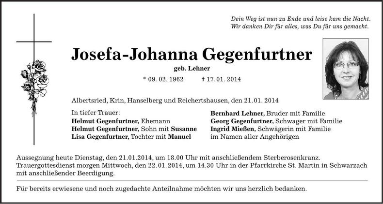 Traueranzeige Josefa - Johanna Gegenfurtner