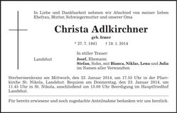 Traueranzeige Christa Adlkirchner