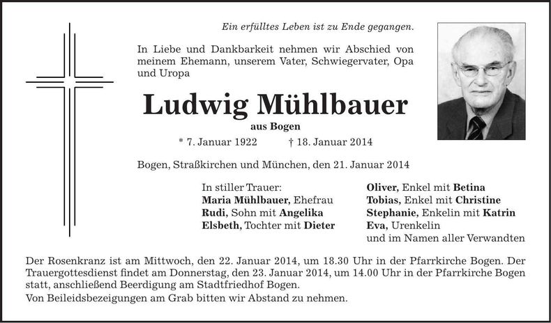 Traueranzeige Ludwig Mühlbauer