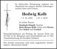 Traueranzeige Hedwig Kolb