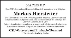 Traueranzeige Markus Hierstetter