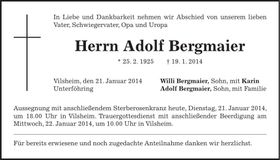 Traueranzeige Adolf Bergmaier