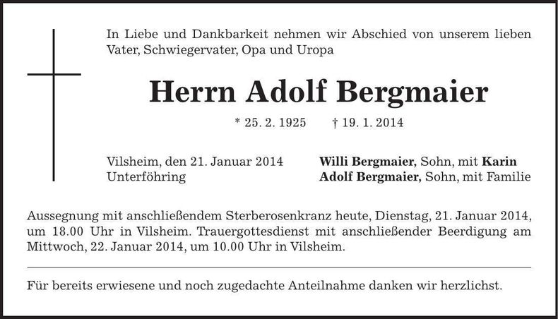 Traueranzeige Adolf Bergmaier
