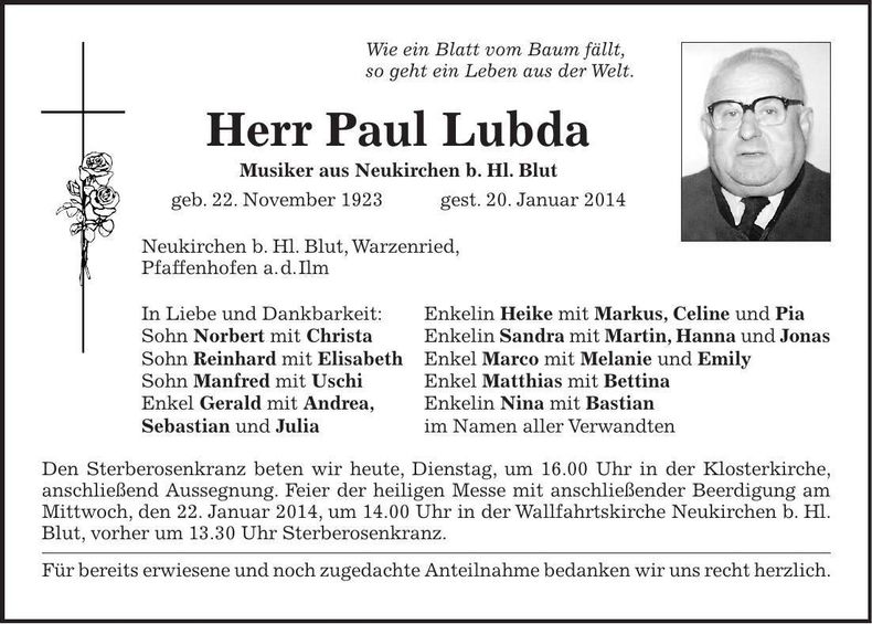 Traueranzeige Paul Lubda