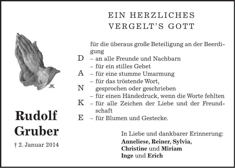 Traueranzeige Rudolf Gruber
