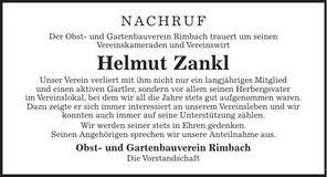 Traueranzeige Helmut Zankl