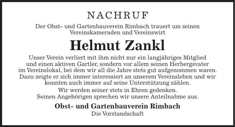 Traueranzeige Helmut Zankl